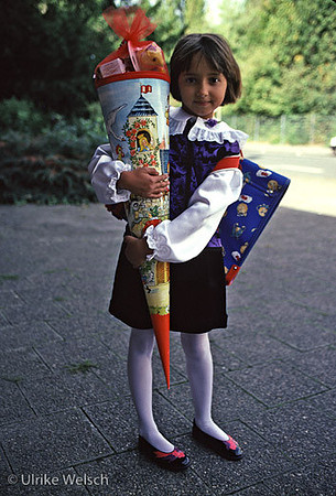 Firstgrader on first day to school with her "Schultuete", Germany:  GEL2_5