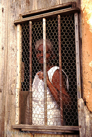 Woman looking out through screened window in Trinidad, Cuba: CuPo5_7